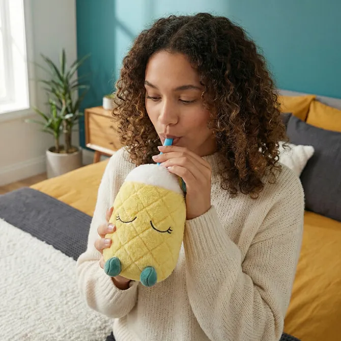 Asobu Mug Isotherme à Paille Peluche Fuzzie - Pip l'Ananas