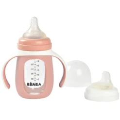 BÉABA Biberon Verre d'Apprentissage 2-en-1 Old Pink - 210 ml