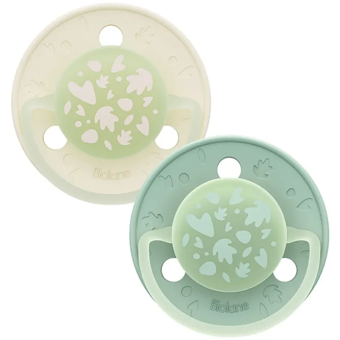 Biolane Lot de 2 Sucettes Rondes Nuit Vert et Beige - 6 Mois +