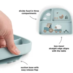 Done by Deer Assiette Stick & Stay Compartimentée - Tiny Farm Bleu