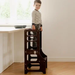 Duck Woodworks Tour de Cuisine Pliable en Bouleau Avec Kit Chaise Haute - Brun Expresso