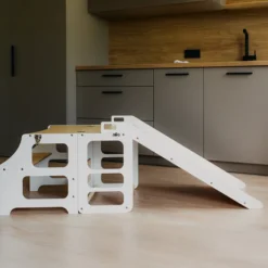 Duck Woodworks Tour de Cuisine Pliable en Bouleau avec Toboggan - Blanc