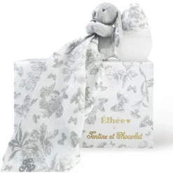 Elhée Coffret Biberon BibRond 150 ml et Doudou - Toile de Jouy Gris