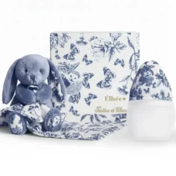 Elhée Coffret Biberon BibRond 150 ml et Doudou - Toile de Jouy Bleu