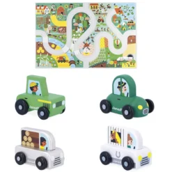 Janod Pack Tapis Campagne et 4 Voitures - Cross Roads