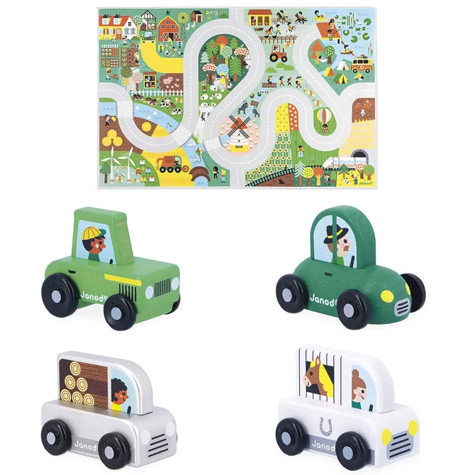 Janod Pack Tapis Campagne et 4 Voitures - Cross Roads