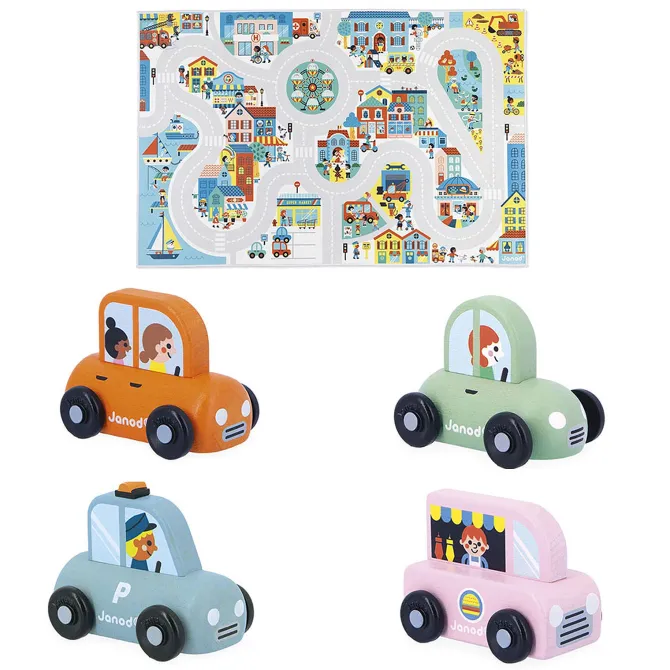 Janod Pack Tapis Ville et 4 Voitures - Cross Roads