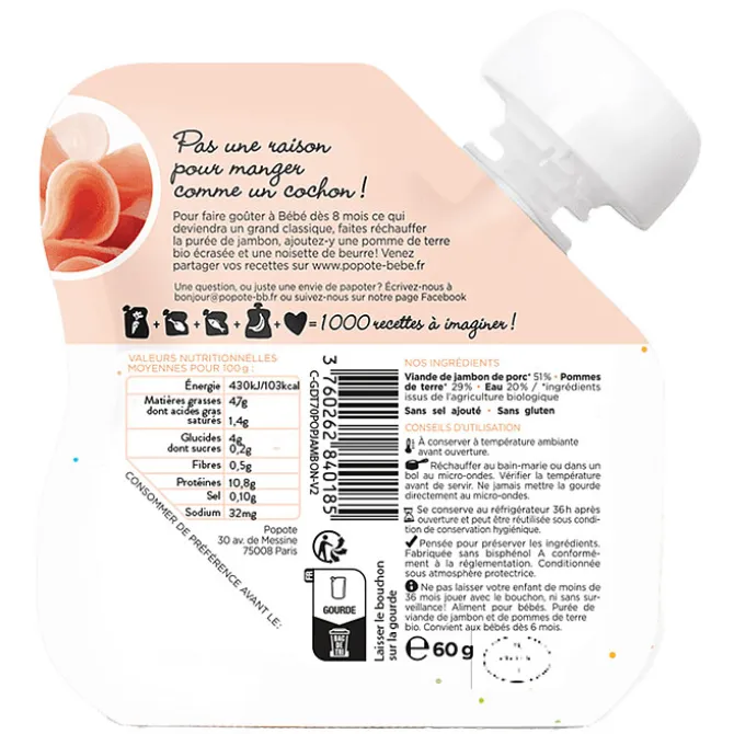 Popote Gourde Repas Bio Jambon - 60 g