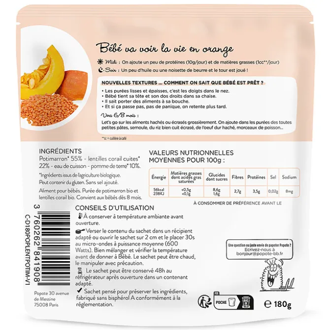 Popote Les Moulinés Potimarron et Lentilles - 180 g