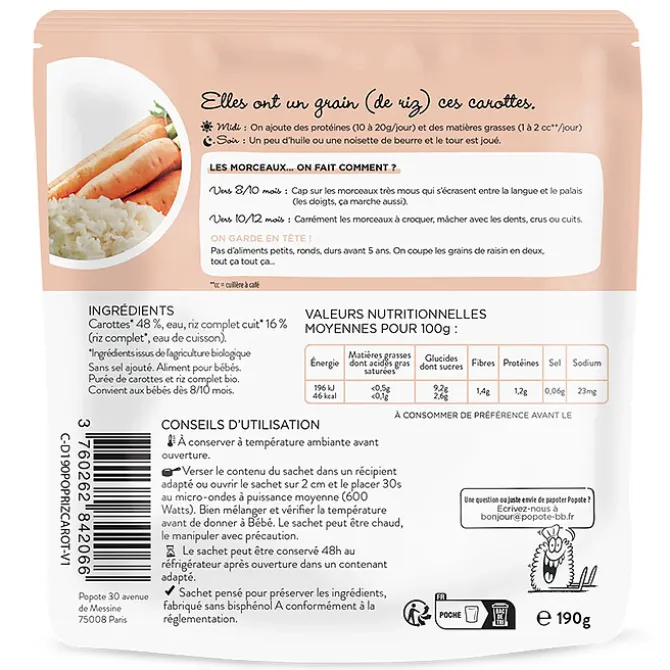 Popote Les Petits Morceaux Carottes et Riz Complet - 190 g