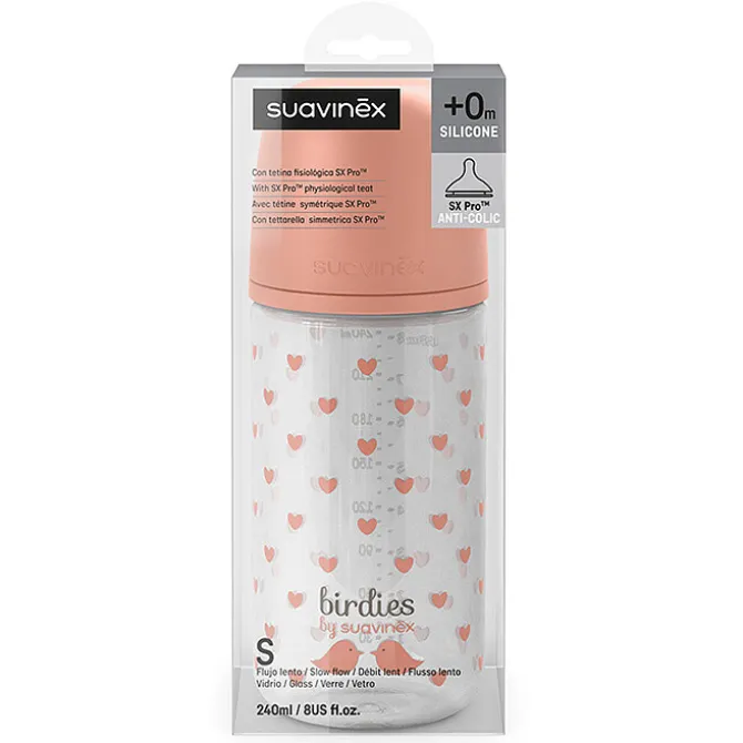 Suavinex Biberon Verre Tétine Symétrique SX Pro Birdies Rose - 240 ml